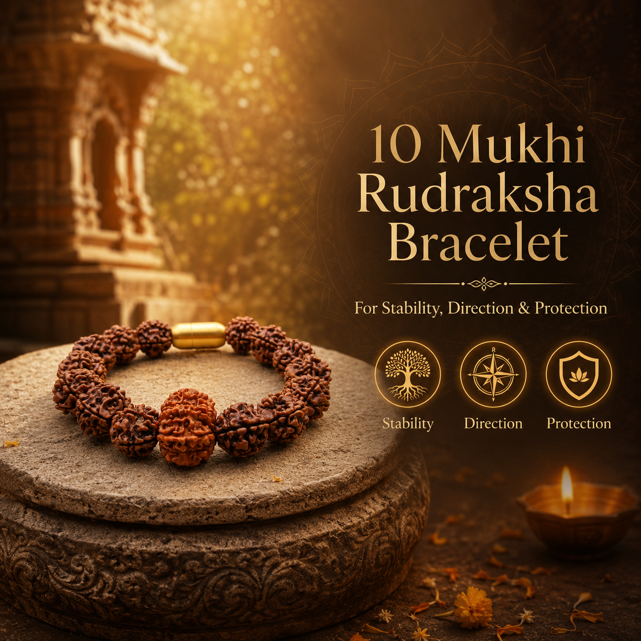 10 Mukhi Rudraksha bracelet on a stone surface with temple and candle in the background