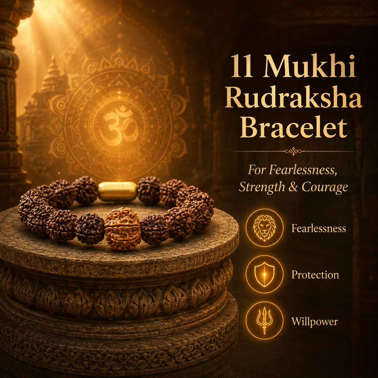 11 Mukhi Rudraksha bracelet with temple background and text about its benefits.