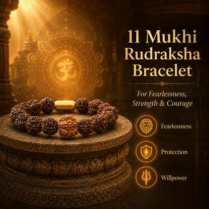 11 Mukhi Rudraksha bracelet with temple background and text about its benefits.