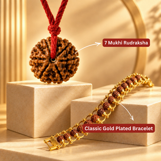 Shani Kavach Set | Nepali 7 Mukhi Rudraksha + Classic Gold Plated Bracelet