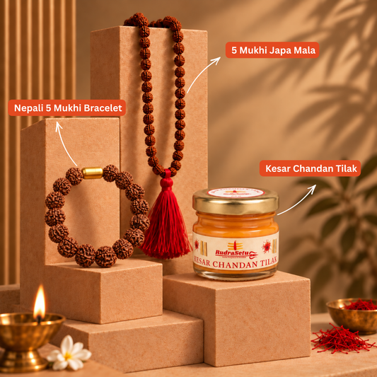 Sampoorna Sadhana Set | Nepali 5 Mukhi Magsnap Bracelet + 5 Mukhi Japa Mala + Kesar Chandan Tilak