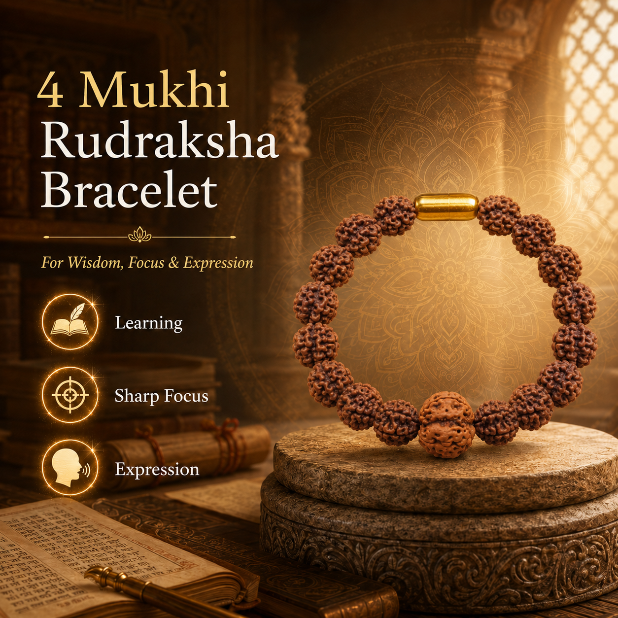 4 Mukhi Rudraksha Bracelet with text on wisdom, focus, and expression against an ornate background.