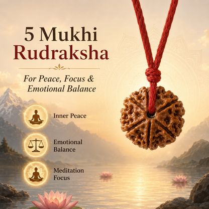 Five-faceted rudraksha pendant on a red string with mountain and lake background
