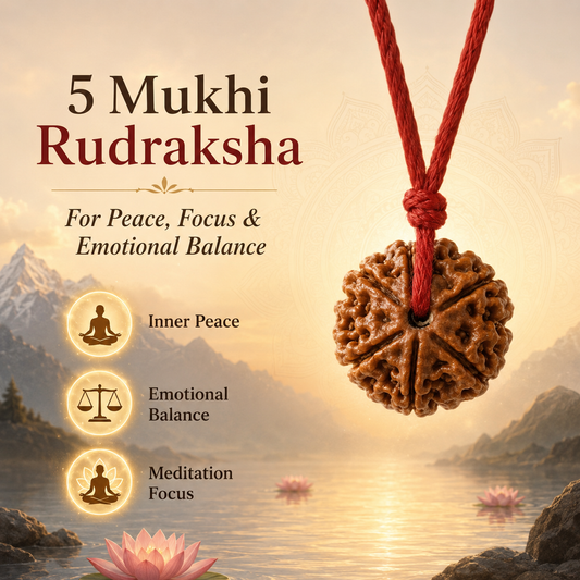 Five-faceted rudraksha pendant on a red string with mountain and lake background