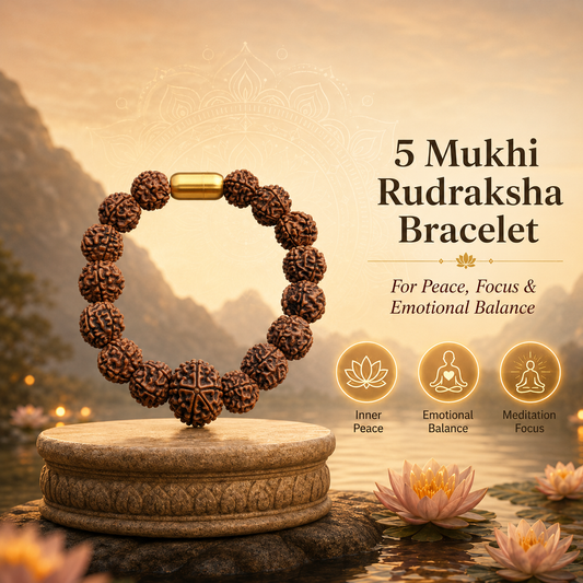 5 Mukhi Rudraksha Bracelet with mountain and water background