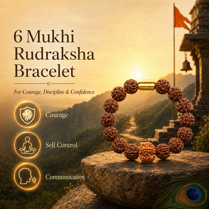 6 Mukhi Rudraksha Bracelet with mountain and temple background