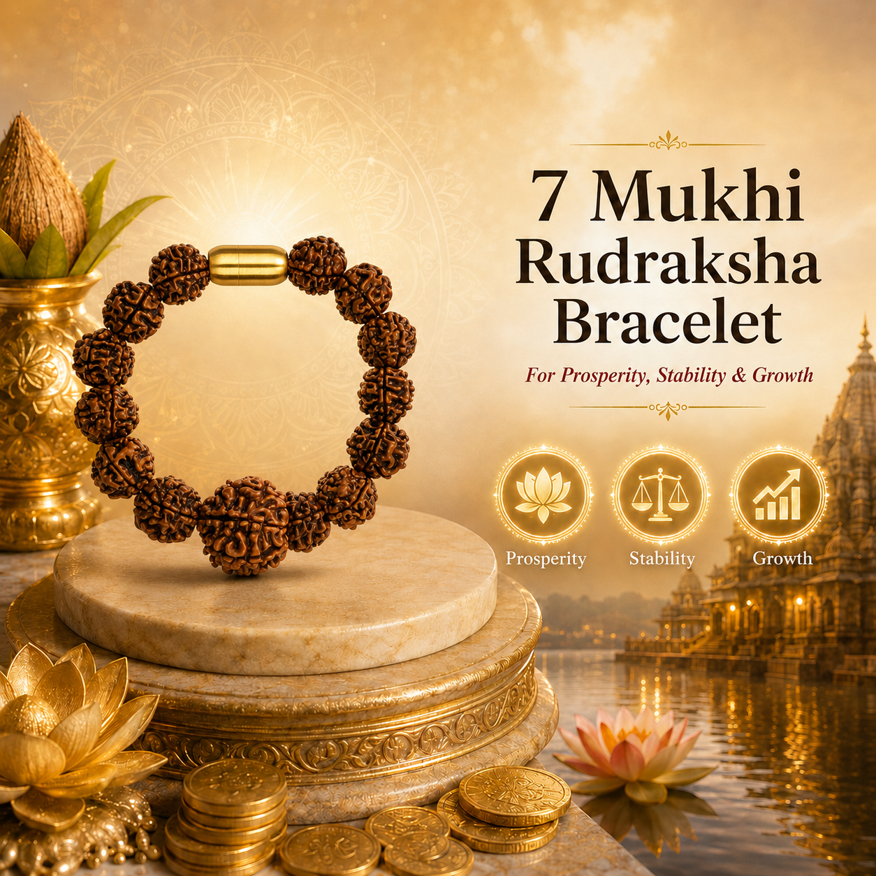 7 Mukhi Rudraksha bracelet on a decorative platform with gold coins and lotus flowers, set against a temple and lake background.