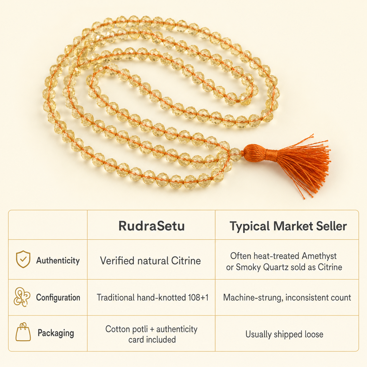Natural Citrine Mala (108 Beads) - Meditation, Chanting & Healing