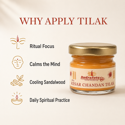 Why Apply Tilak card, with the tilak jar and text on ritual focus and cooling sandalwood