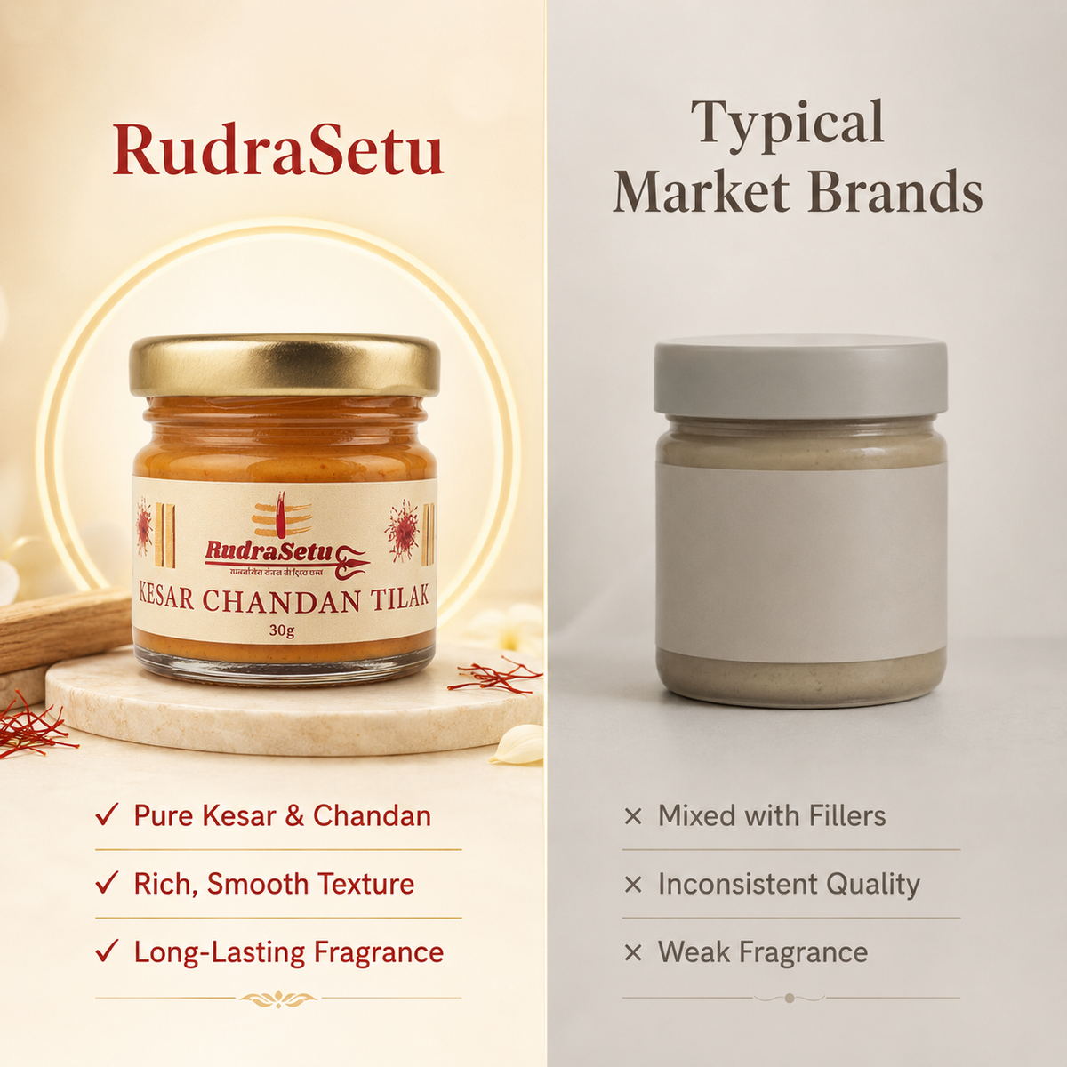 Comparison card showing the RudraSetu Kesar Chandan tilak jar beside a typical market brand's jar