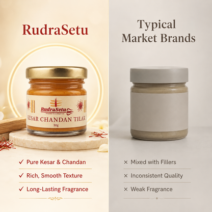 Comparison card showing the RudraSetu Kesar Chandan tilak jar beside a typical market brand's jar
