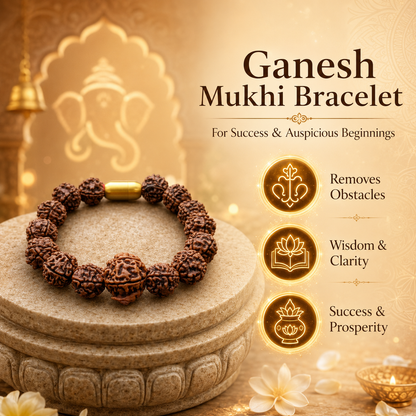 Ganesh Mukhi bracelet on a stone pedestal with decorative elements and text about its benefits.