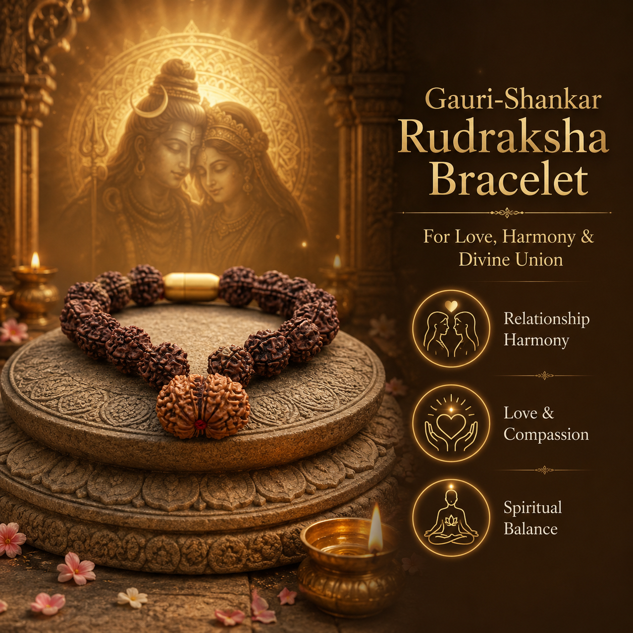 Gauri-Shankar Rudraksha Bracelet with religious iconography and text on a dark background
