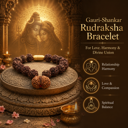 Gauri-Shankar Rudraksha Bracelet with religious iconography and text on a dark background