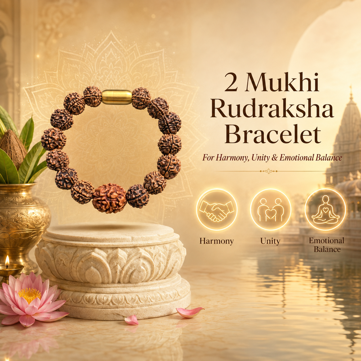 Two Mukhi Rudraksha bracelet with decorative background and text about benefits