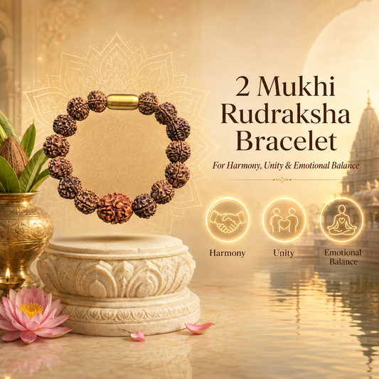 Two Mukhi Rudraksha bracelet with decorative background and text about benefits