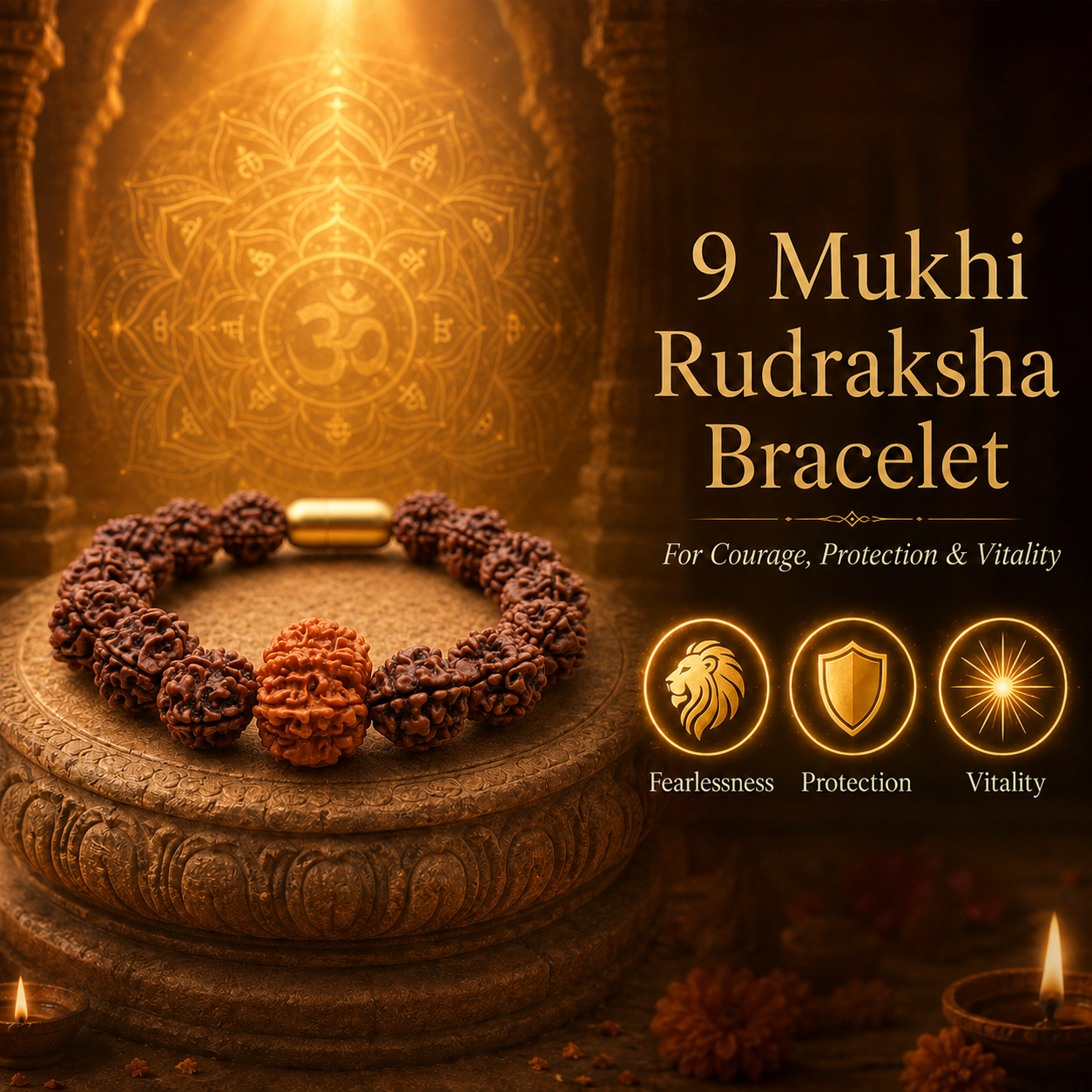 9 Mukhi Rudraksha bracelet with religious symbols and text on a dark background