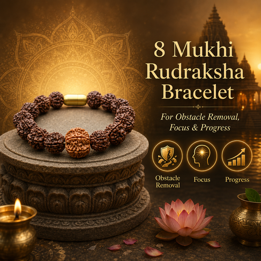 8 Mukhi Rudraksha Bracelet with temple and decorative elements on a dark background