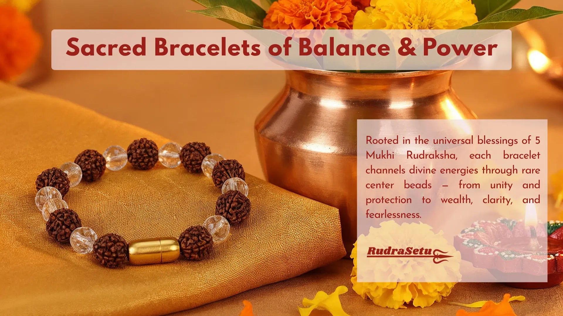 Bracelet with Rudraksha beads on a wooden surface with decorative elements and text about 'Sacred Bracelets of Balance & Power'.