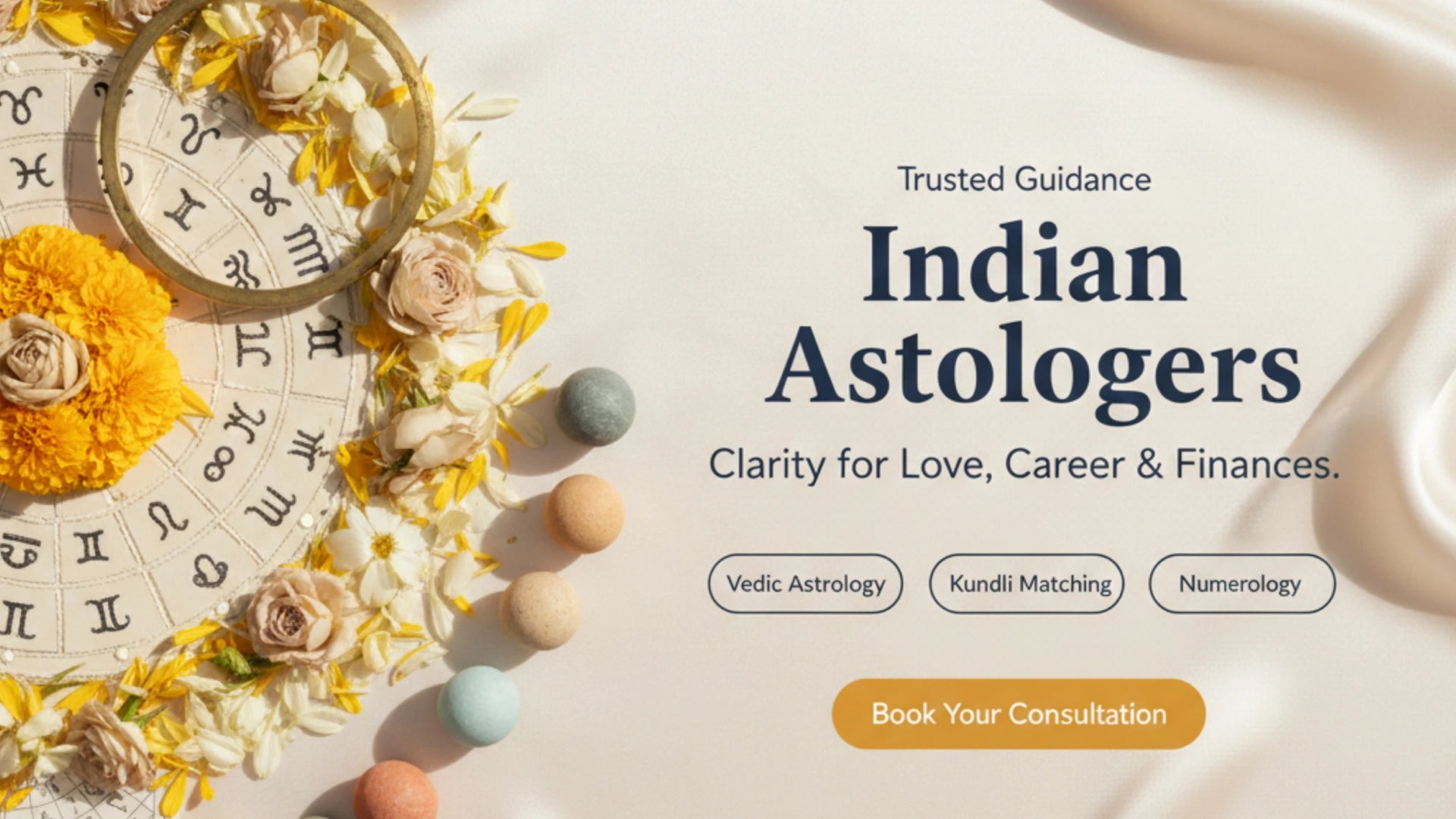 Advertisement for Indian astrologers with zodiac symbols, flowers, and text on a light background.